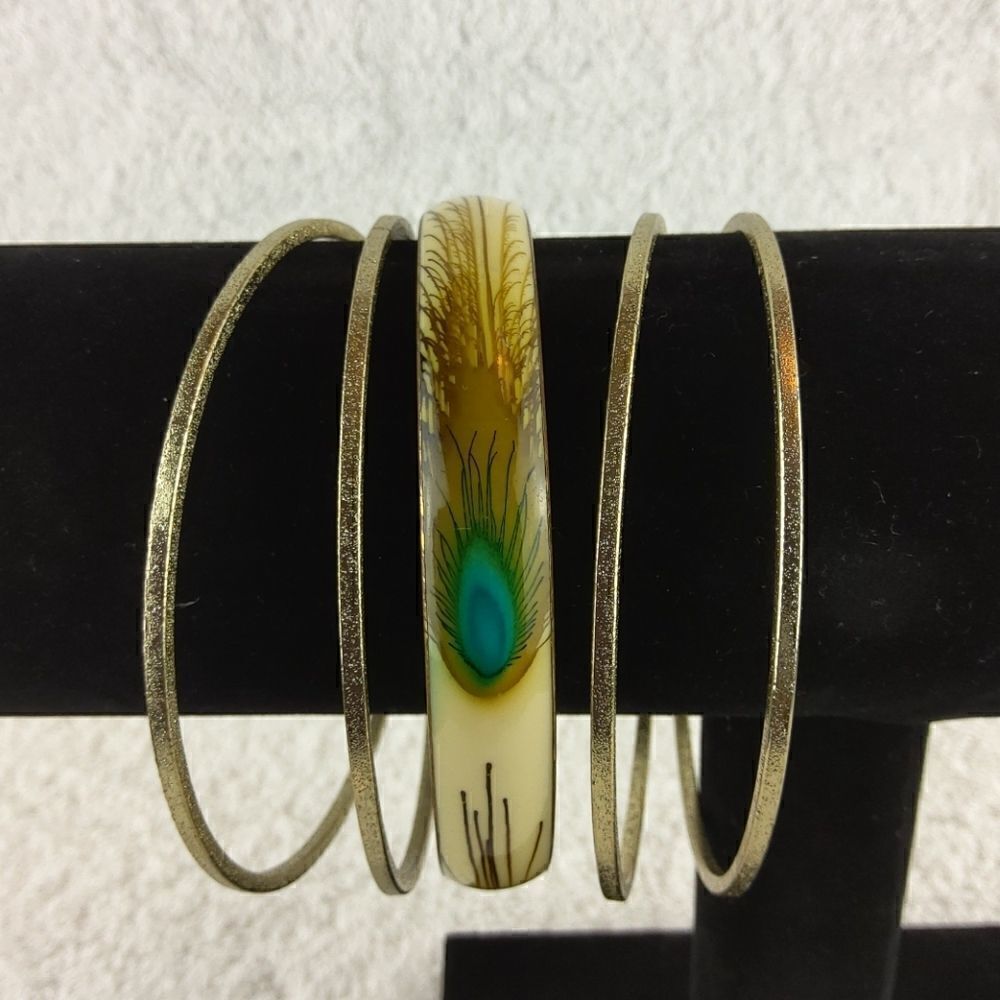 (3/$20) Faux wood & gold tone bangle bracelets